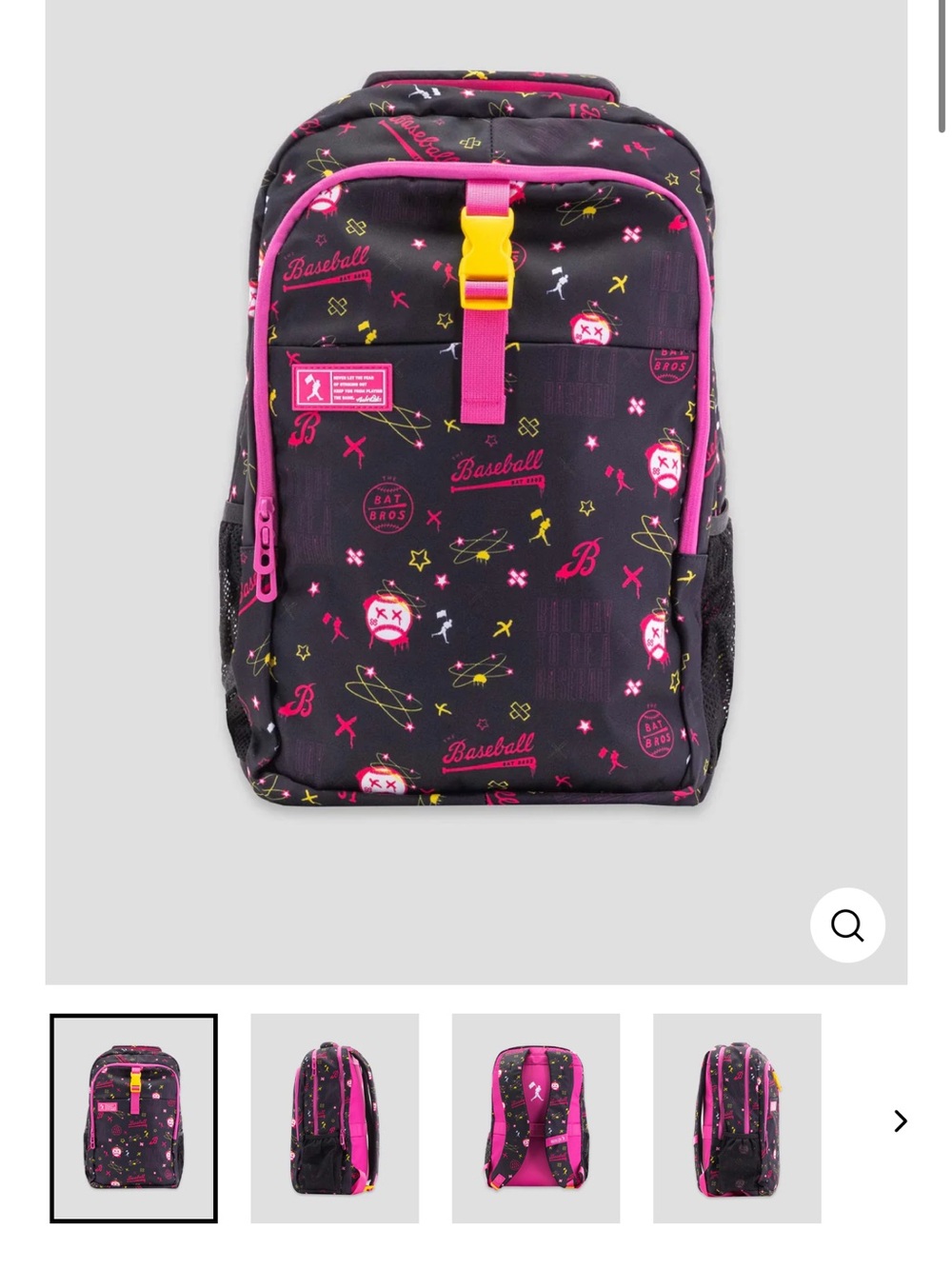 Baseballism bat bros Patterned Black and Pink Backpack with Yellow Accent